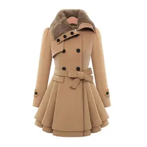 Women's Slim Fit Long Woolen Coat Double-Breasted Woolen Overcoat Trench Coat for Women