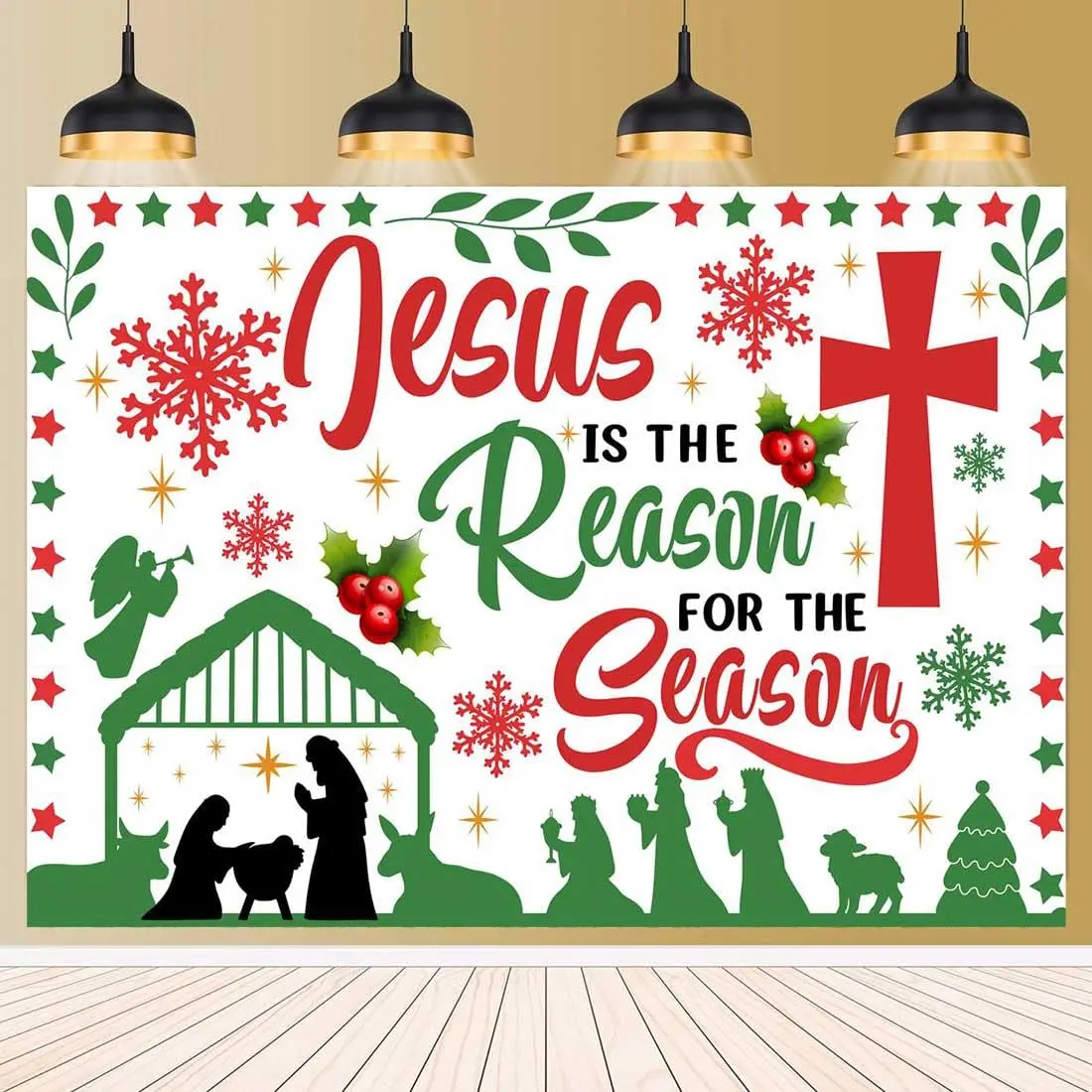Religious Nativity Cross Christmas Banner - "Jesus is the Reason for the Season" Festive Home & Party Decor, Durable Polyester Indoor-Outdoor Backdrop, All-Season No-Electricity Use