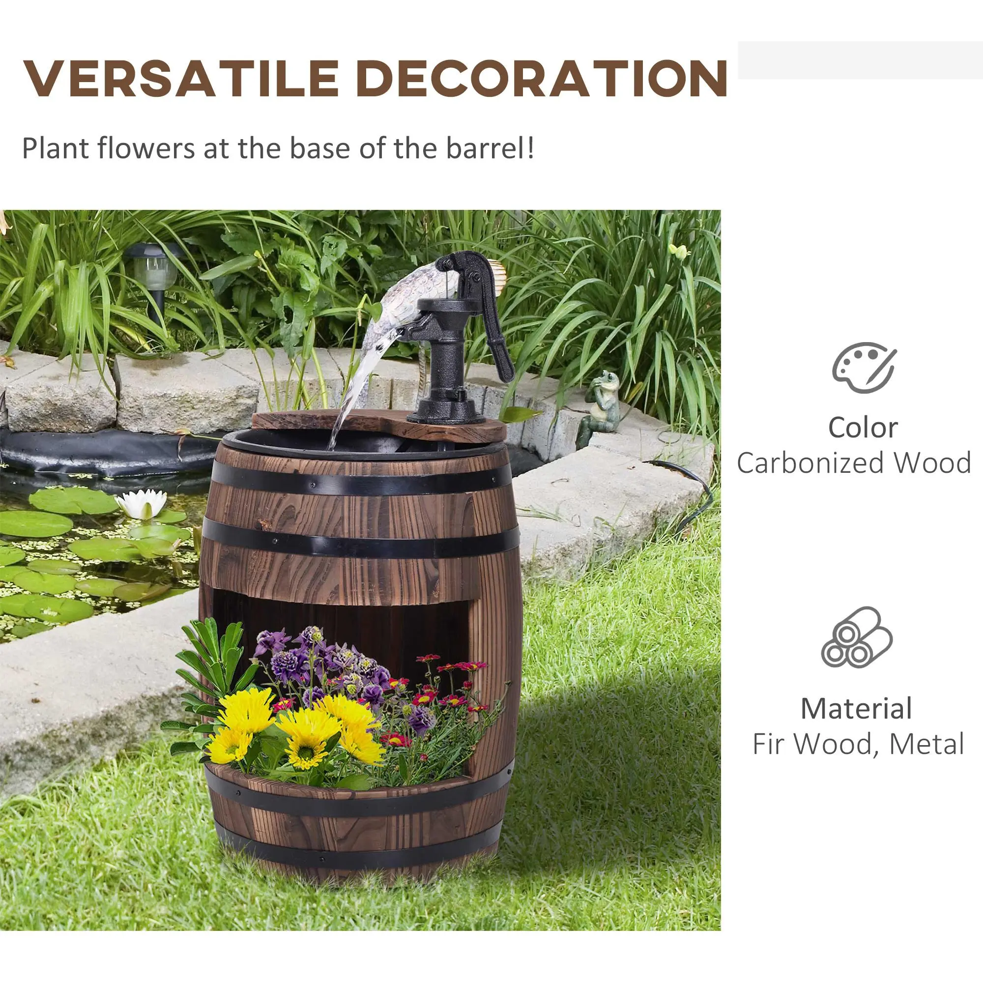 Outsunny 23 Inch Rustic Apple Barrel Outdoor Water Fountain, Natural Fir Wood & Stable Steel Patio Water Feature With Built-in Flower Planter, Complete Pump Kit Easy Assembly Garden Backyard Decor