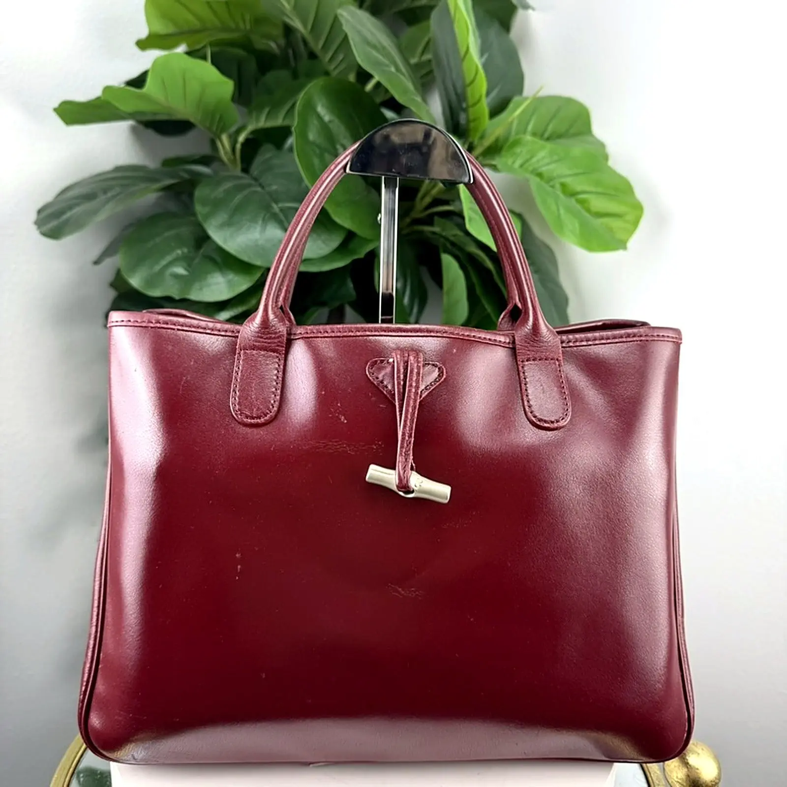 Pre-owned Glossy leather Tote Bags Authentic Longchamp Burgundy Leather Roseau Tote Bag