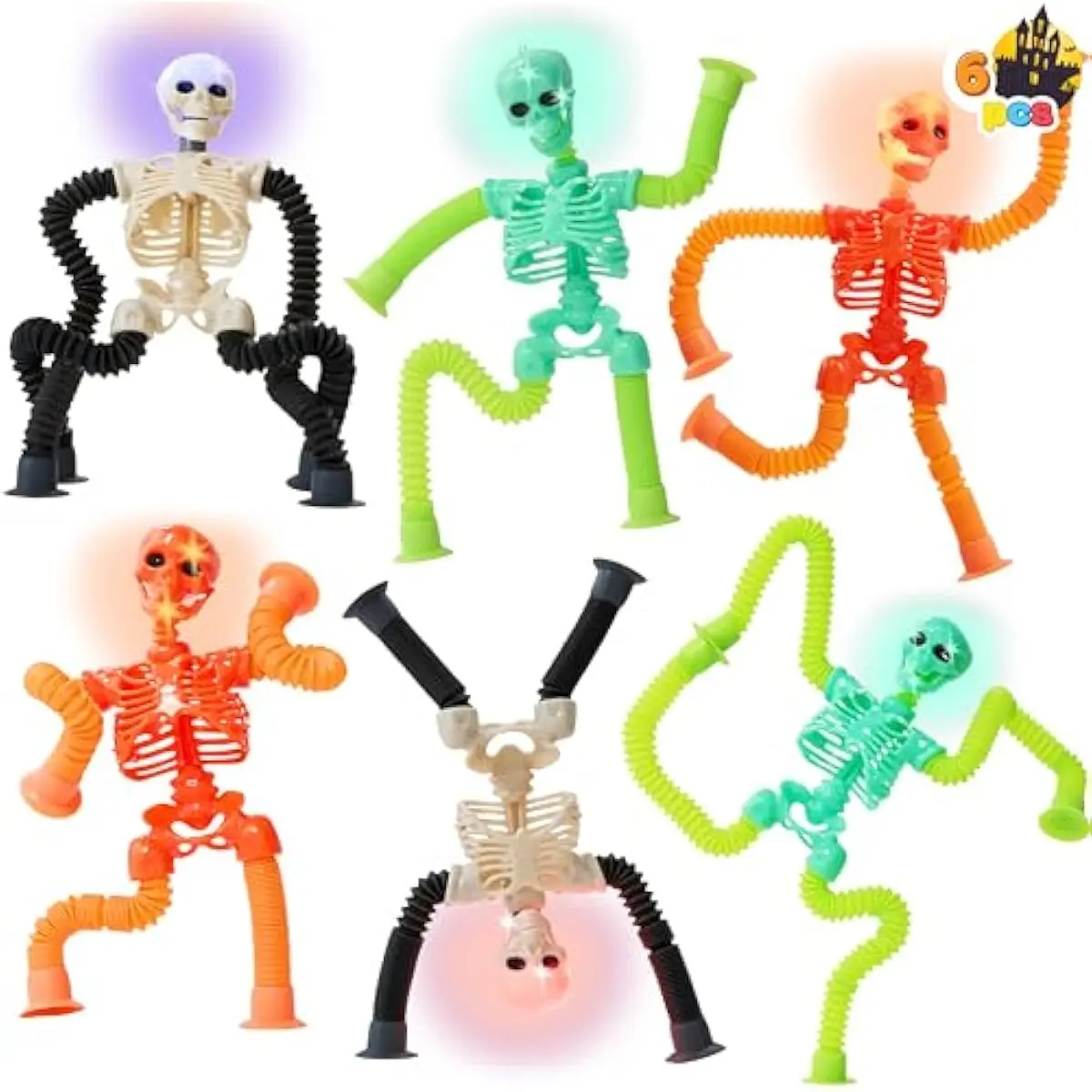 6 PCS Halloween Pop Sensory Tube Stretchy Toys, Glow in the Dark Toys for Halloween Party Favor Goodie Bag Fillers, Stress Relief Telescopic Suction Cup Skeleton Toys for Kids Gift