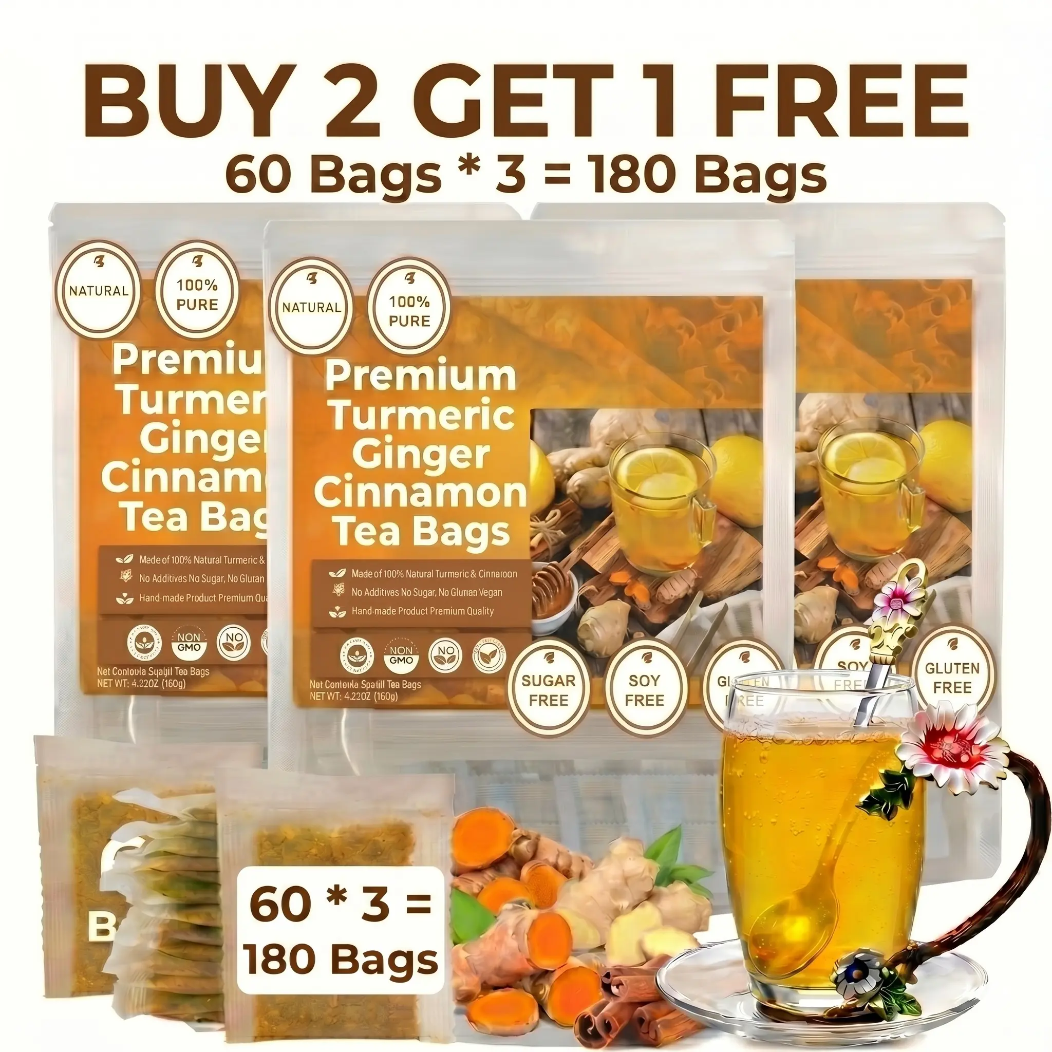 240/120/60Pcs Turmeric Ginger Cinnamon Tea, Cinnamon Tea, Ginger Turmeric Tea, Tea Bags, Turmeric Ginger Cinnamon Tea Bags, No Sugar, NoCaffeine, No Gluten