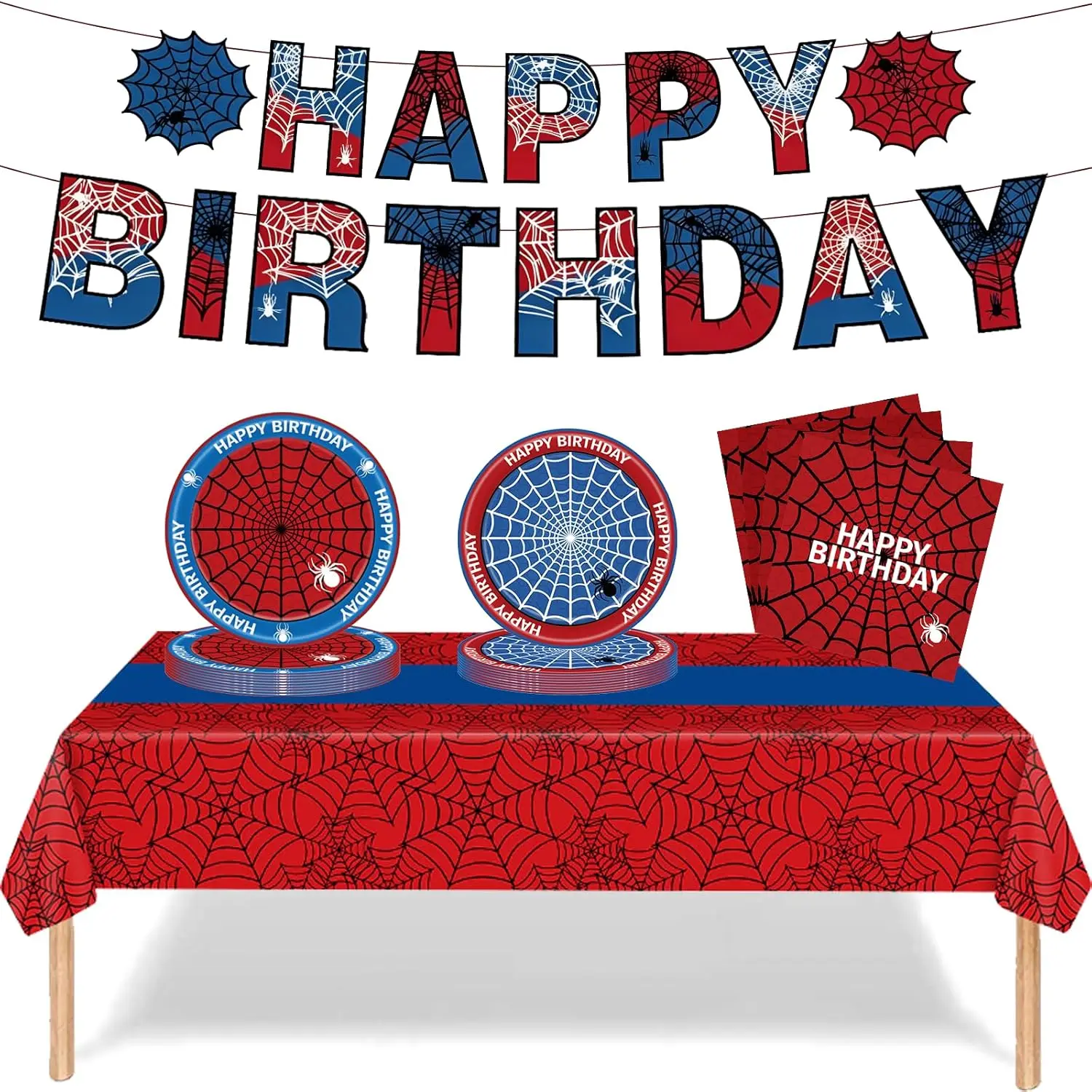 Spider Happy Birthday Decoration Set with Print - 24 Plates, 20 Napkins, 15 Banners, 1 Tablecloth - Unisex Kids' Festive Party Supplies
