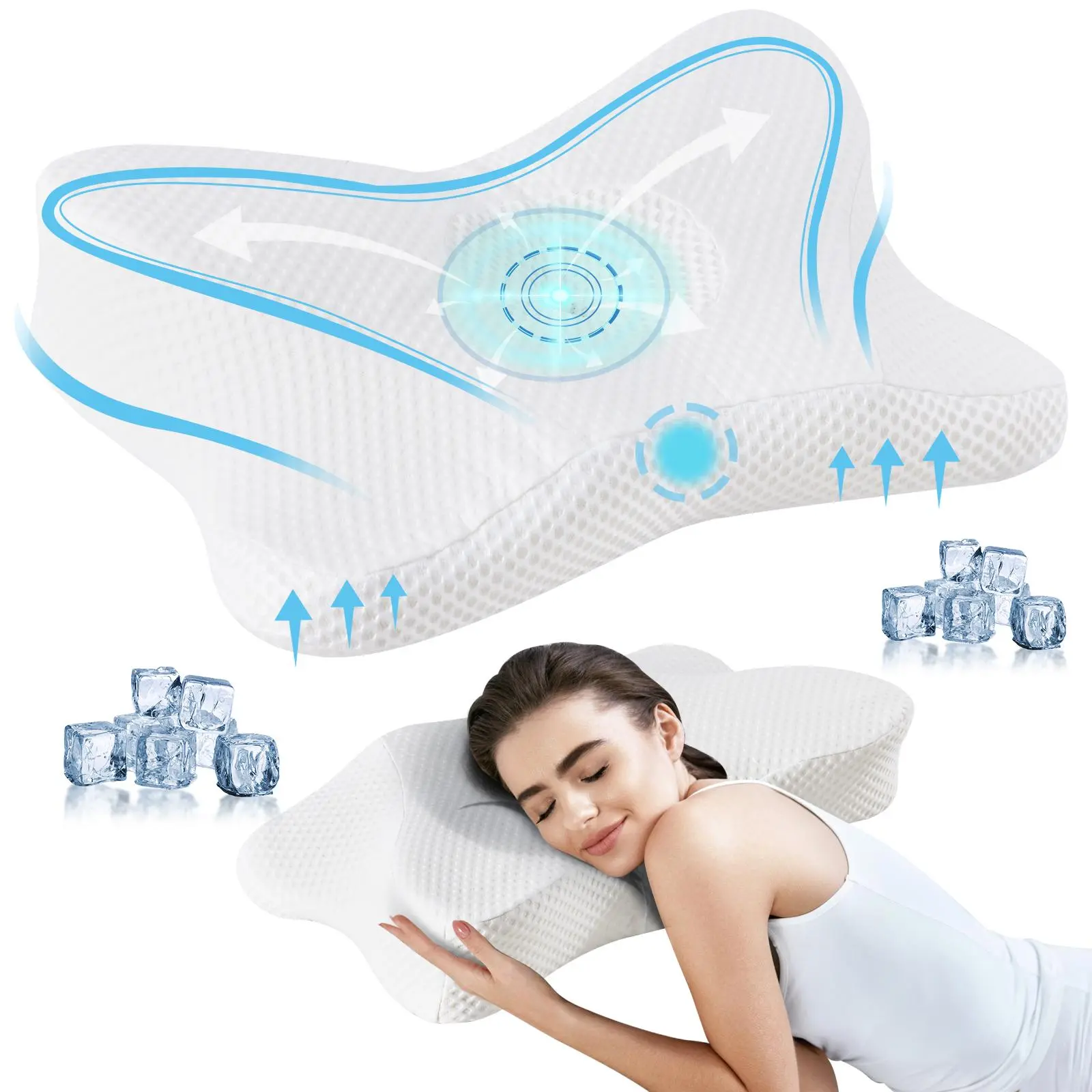 Memory Foam Pillows 2 Pack, Cooling Cervical Pillow for Neck and Shoulder Pain Relief, Ergonomic Sleep Pillow with Arm Groove for Side Back Stomach Sleepers, Removable Ice Silk Cover