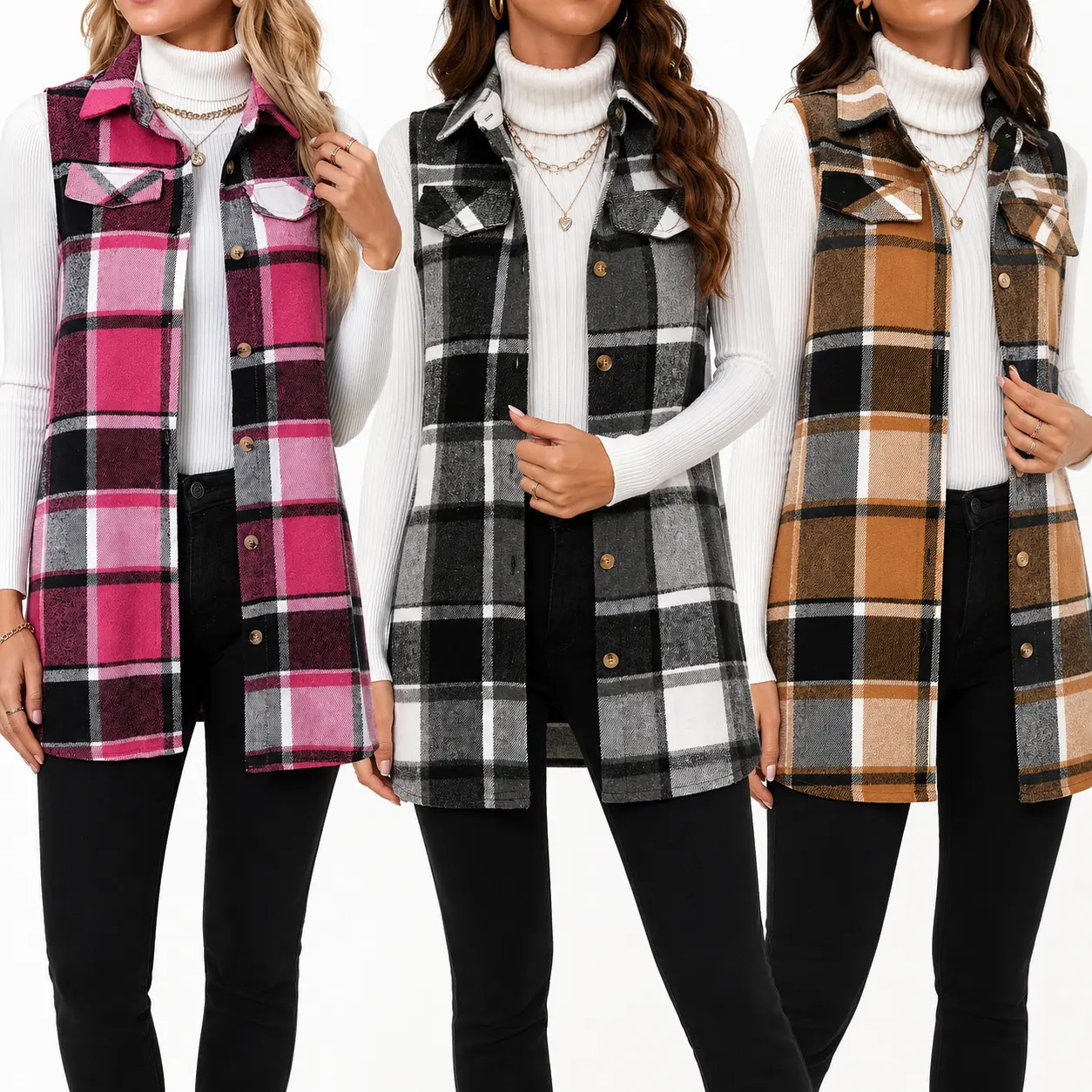 Women’s Plaid Sleeveless Shacket Vest, Button Down Longline Flannel Jacket with Pockets, Casual Fall Winter Layering Outerwear