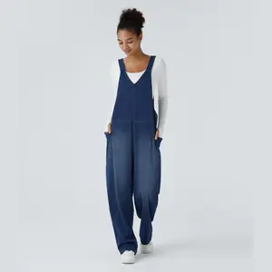 Halara Flex V Neck Side Pocket Washed Stretchy Knit Denim Casual Overalls