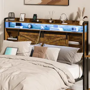 Headboard Queen Size with Storage, 3 Tier Size Headboard only with Outlets, USB Ports and LED Light Strip, Headboards with Sliding Barn Doors, Adjustable Shelf,Ideal for Bedroom/Dorm/Guest Room, (Brown, Queen (U.S. Standard))