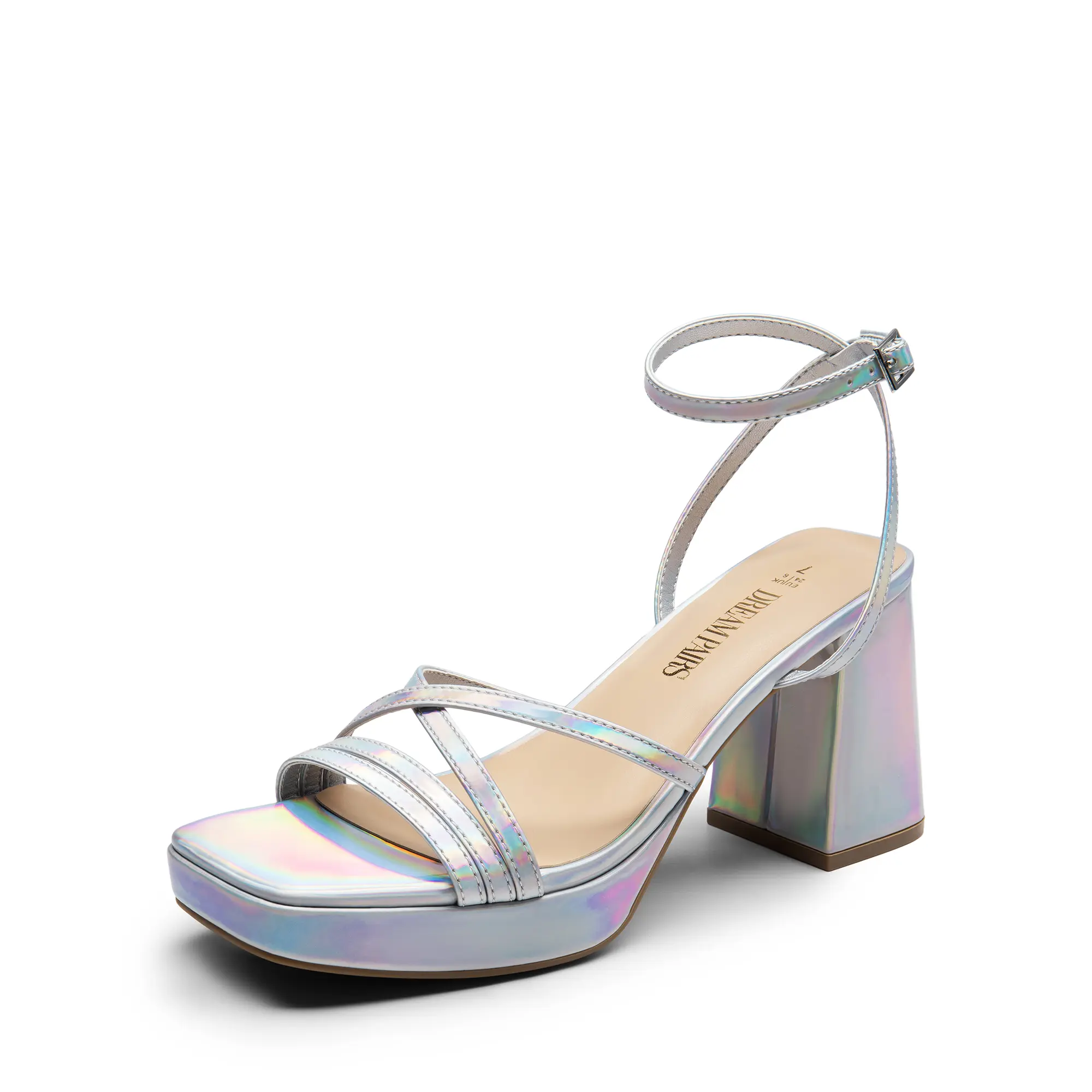 Dream Pairs Women's Holographic Patent Leather Sandals, Comfortable Block Heel Platform with a Square Toe for Party Wear, Footwear, Stylish, Rainbow Shine, Patent Vegan Leather, Comfortable Heels, Chunky, Platform Heels