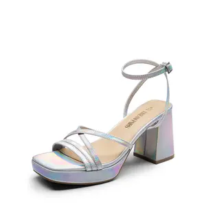 DREAM PAIRS Women's Stylish Footwear - 3-in Platform Chunky Heels, 2000s Heels, Square Open Toe, Ankle Buckle, Holographic Upper, Patent Vegan Leather for Graduation, Prom