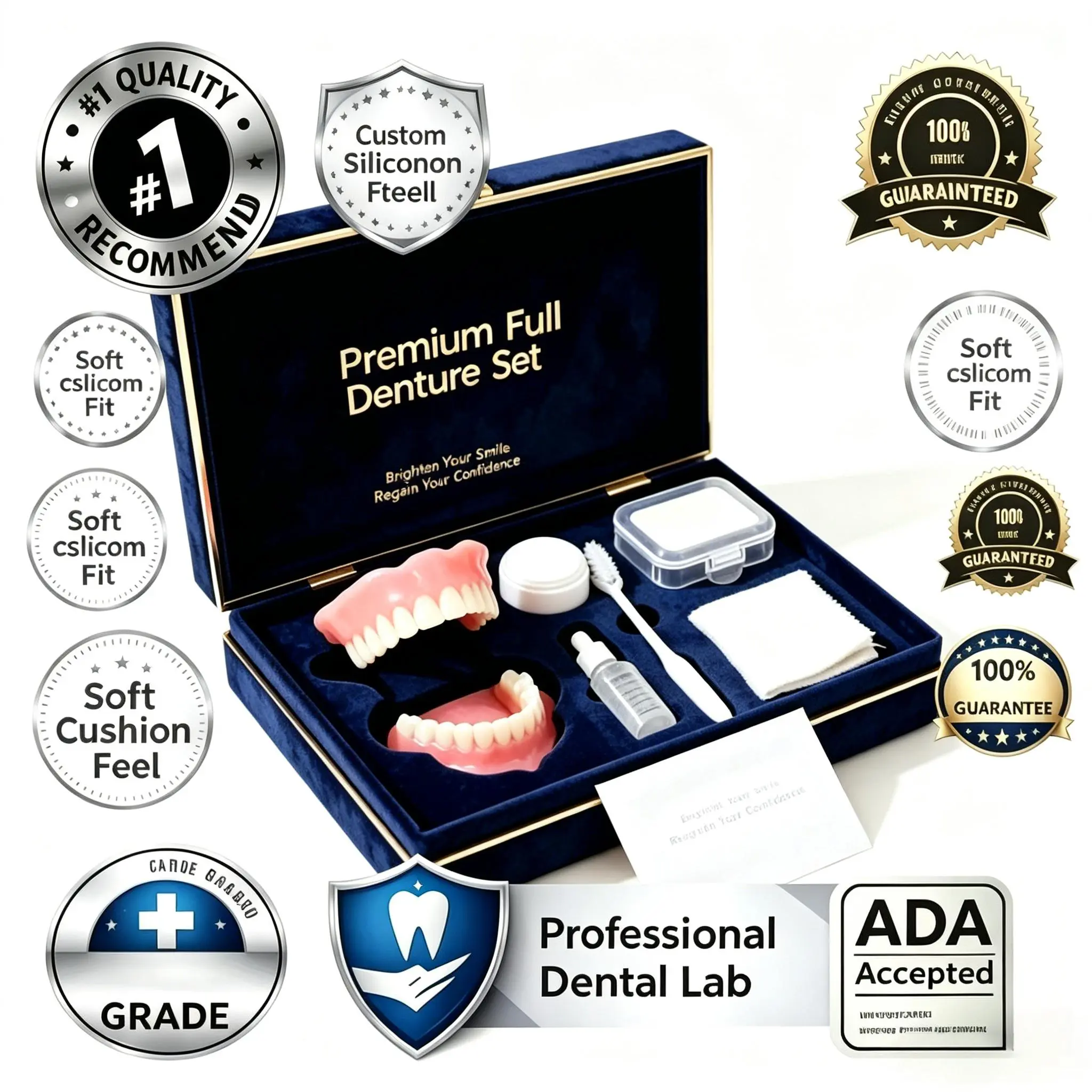 Natural Cosmetic Denture Kit - Realistic Upper & Lower Teeth Set, Cleaning Tools, Instant Smile Veneers, Comfort Fit Daily Wear