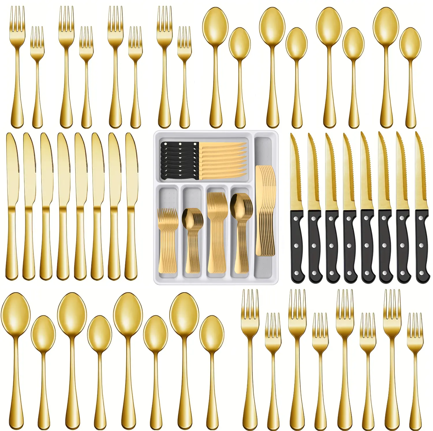 48-Piece Gold Stainless Steel Silverware Set, Includes Steak Knives & Organizer, Mirror Polished Flatware, Dishwasher Safe Dining Utensils for Home, Kitchen & Restaurant