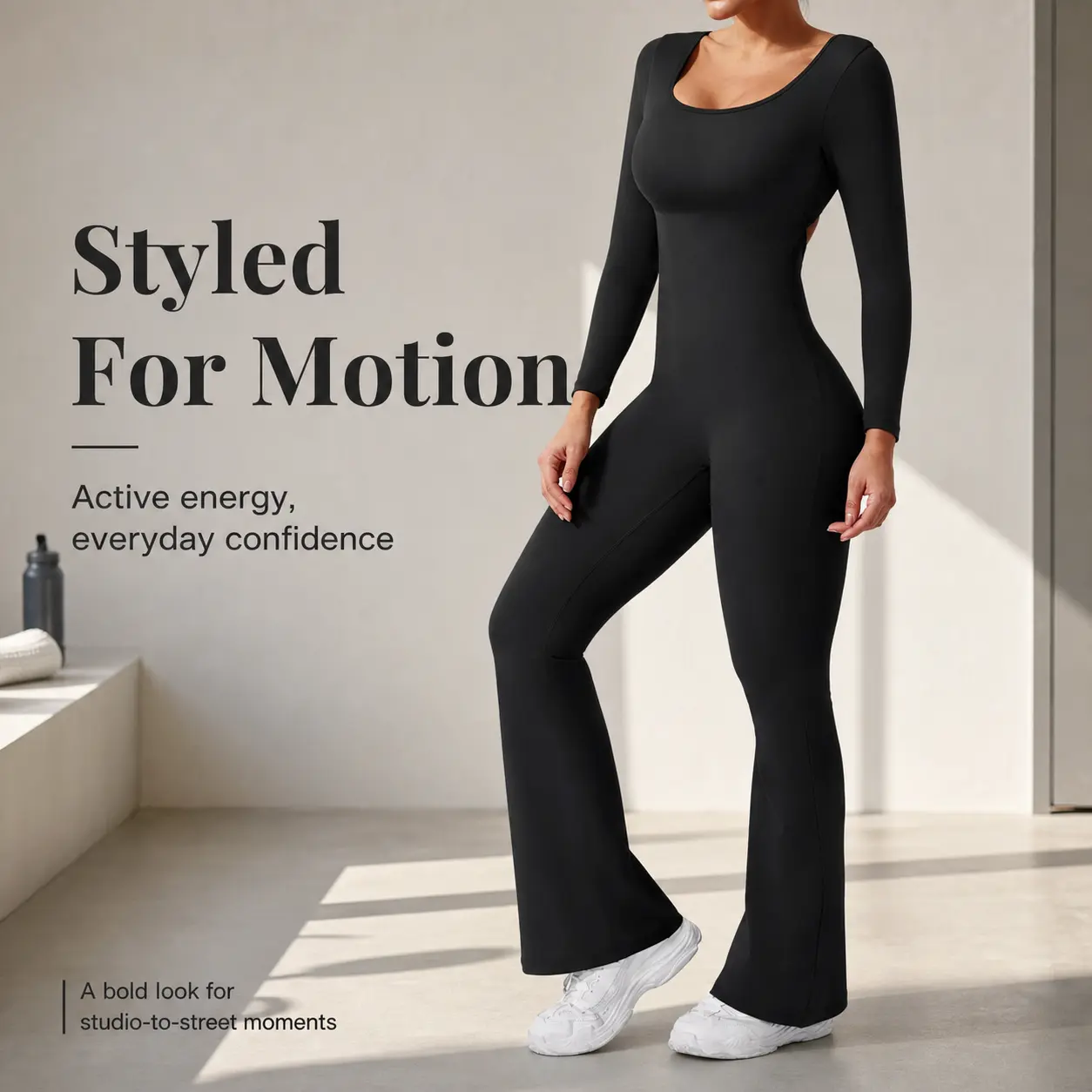 Women Long Sleeve Open Back Ruched Flared Leg Workout Jumpsuit With Built-in Bra