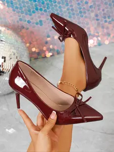 Women's Butterfly Knot Pointed Toe High Heel Shoes, Elegant PU Leather Work Shoes, Anti-Collision Design, Suitable for Party Office, Elegant Heeled Shoes