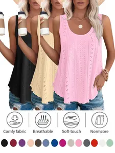 2026 Womens Tank Tops Sleeveless Breathable Eyelet Embroidery Scoop Neck Loose Fit Casual Fall Flowy