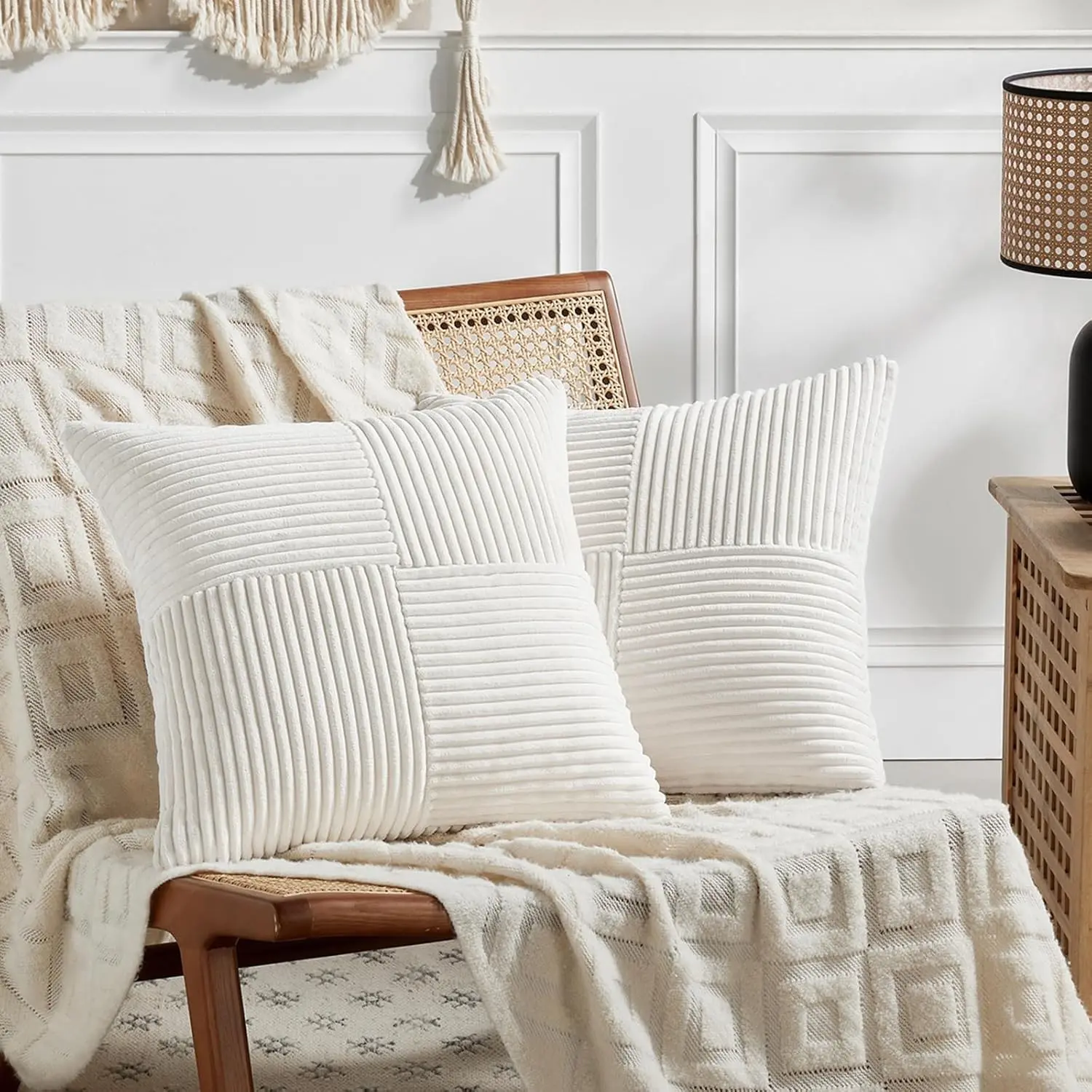 2Pcs Decorative Throw Pillows 18x18inch, Soft Corduroy Patchwork Square Cushions for Living Room, Sofa, Bed, Bohemian Farmhouse Decor