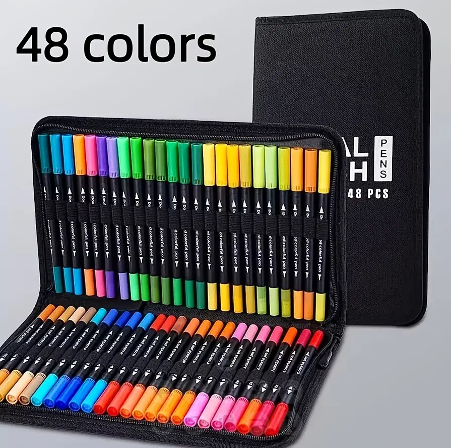 Noluck 48-Color Dual-Tip Washable Watercolor Pen Set with CD Bag - Soft-Tip Markers, Fineliners, Markers for Coloring, Office Stationery, Classroom Supplies, Art Materials for Drawing, Anime, Thanksgiving Gifts for Friends, Family, Writing Tool