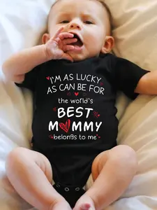 Baby Unisex Cotton Letter Print Bodysuit - Short-Sleeve, Breathable Newborn Romper with Heartfelt "I'm As Lucky As Can Be For The World's Best Mommy Belongs To Me" Print