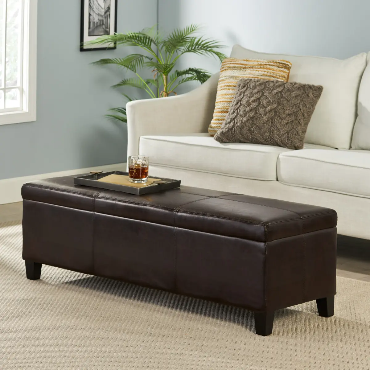 Storage Bench Upholstered PU Leather Storage Ottoman, Solid Wooden Legs