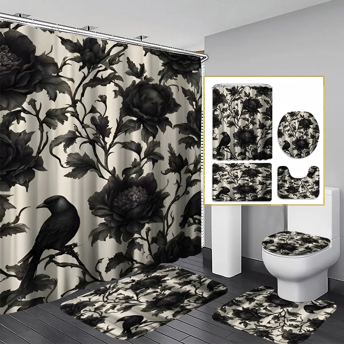 Gothic Crow & Floral Decorative Shower Curtain Set, Home Goods, & Botanical Print Polyester, Wall-Mounted Design, Machine-Washable, Hook Included, J Hooks, Bathroom Decoration Accessories