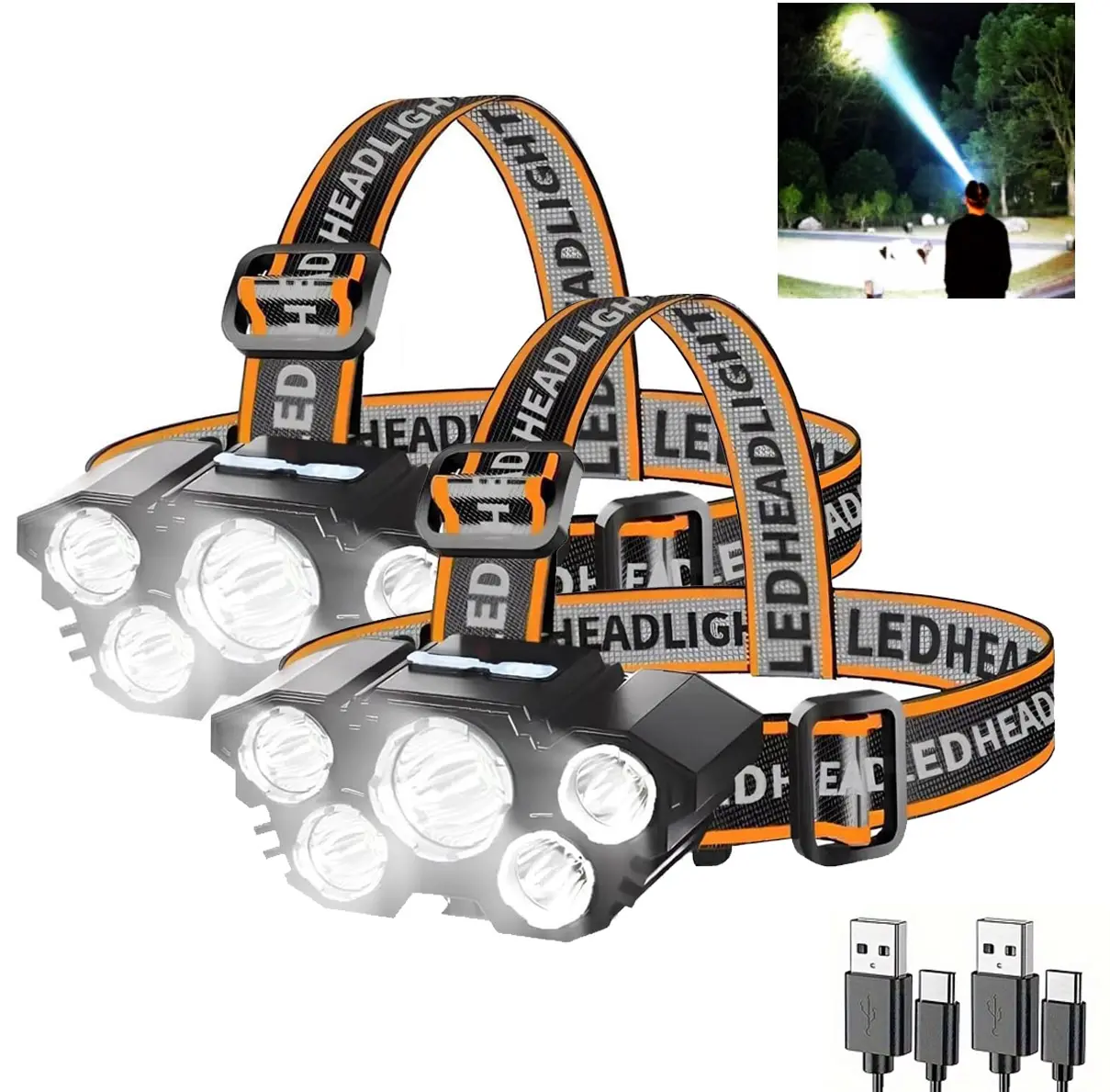 Two rechargeable headlamps, 1200 lumens ultra-bright 5 LED flashlight, the brightest USB rechargeable headlamp, waterproof and adjustable headlamp, 4 modes of lighting, suitable for outdoor camping, hunting, hiking, safety helmet（2pack） Rechargeable Water