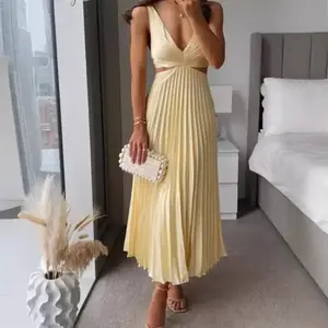 Elegant Women’s Summer 2025 Formal Pleated Dress with V-Neck, Sleeveless Design, Hollow-Out Backless Style