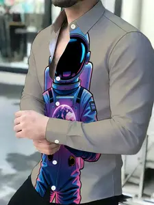 Men's Breathable Turn-down Collar Long Sleeve Shirt Casual Design Astronaut Planet Print