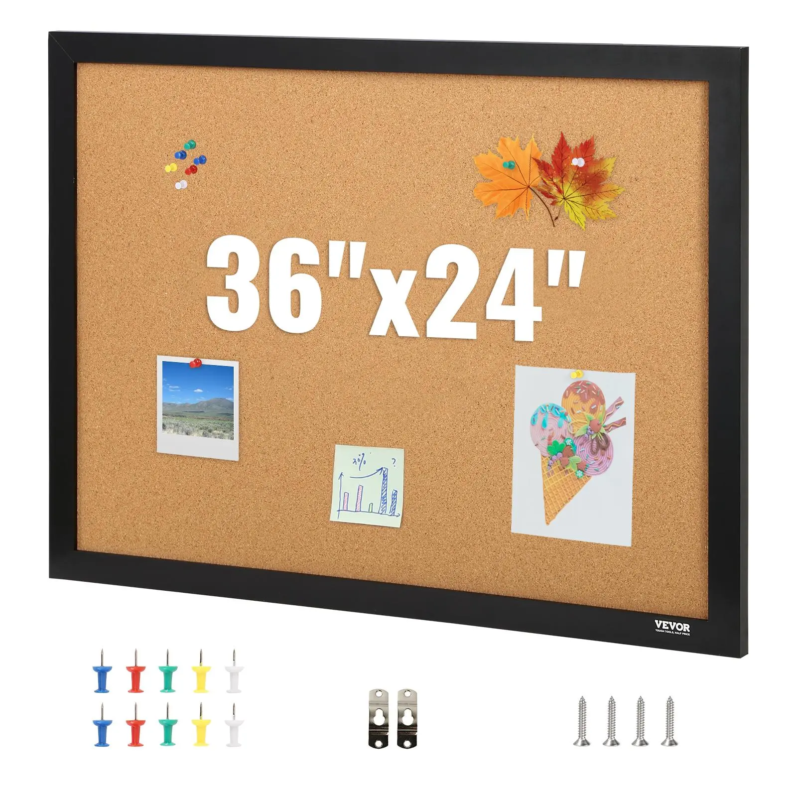 【Backtoschool】VEVOR Cork Board, 36x24 inches Bulletin Board with MDF Sticker Frame, Vision Board Includes 10 Pushpins, for Display and Decoration in Office Home and School
