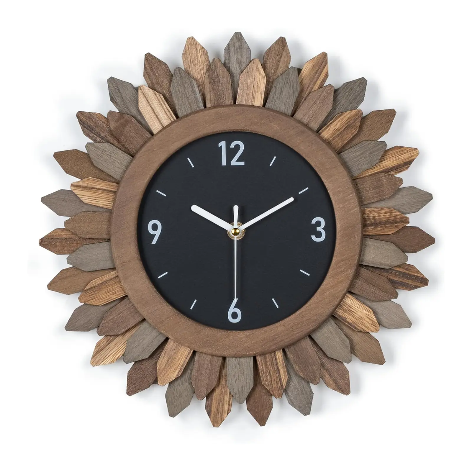 Wall Clock Battery Operated for Living Room, 12 Inch Rustic Wood Sunburst Decorative Wall Clock, Silent Non Ticking Analog Quartz Clock for Bedroom Kitchen Bathroom Office, Tricolor Farmhouse Boho Wall Decor