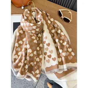 Women's Cute Heart Pattern Tassel Decor Scarf, Soft Warm Thickened Double Sided Shawl, Fashionable Scarf for Fall & Winter