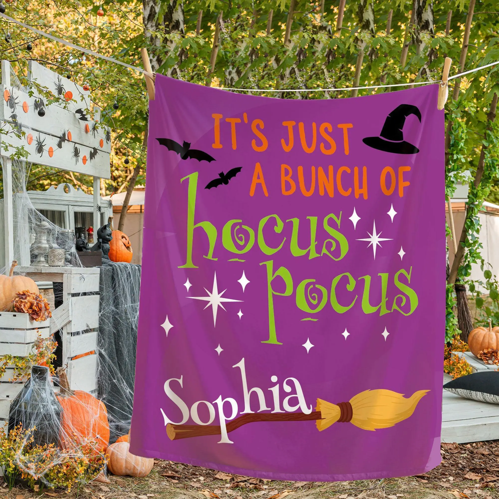 Retro It's Just A Bunch Of Hocus Pocus Fleece Blanket Custom Blanket Personalized Halloween Blanket