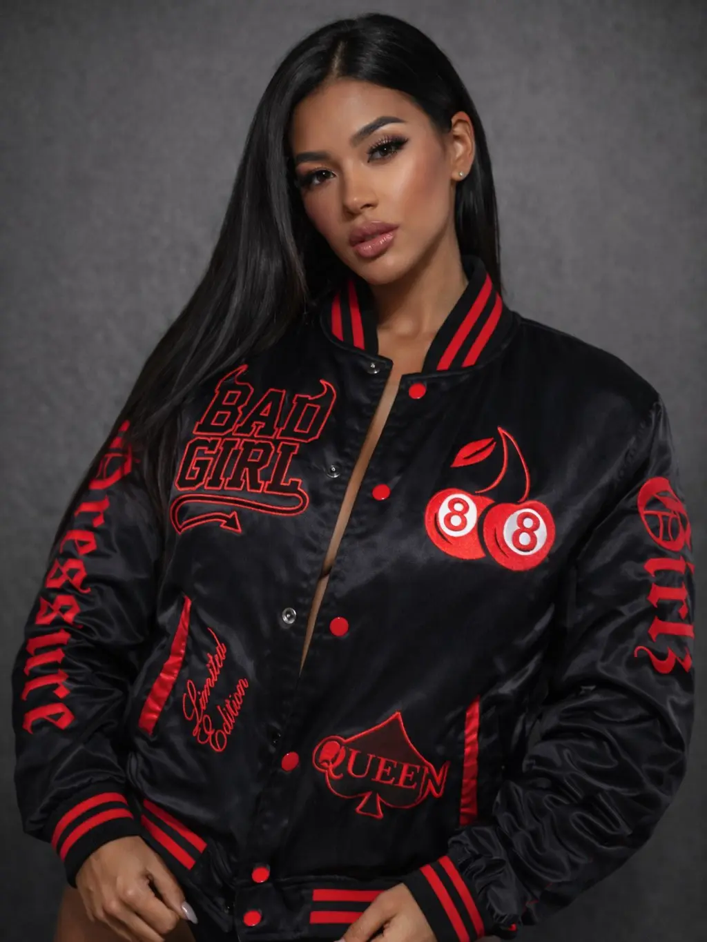 She Got Mad Hustle Limited Edition Black Satin Jacket with Red&Pink Bad Girl & Queen Embroidery