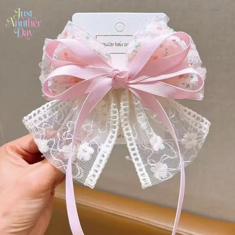 2pc Women's Sweet Floral Lace Mesh Bow Hair Clip, Multi-Layered Pastel Ribbon Bow Barrette with Embroidery, Cute Princess Style Back-of-Head Hair Accessory for Daily & Formal Wear