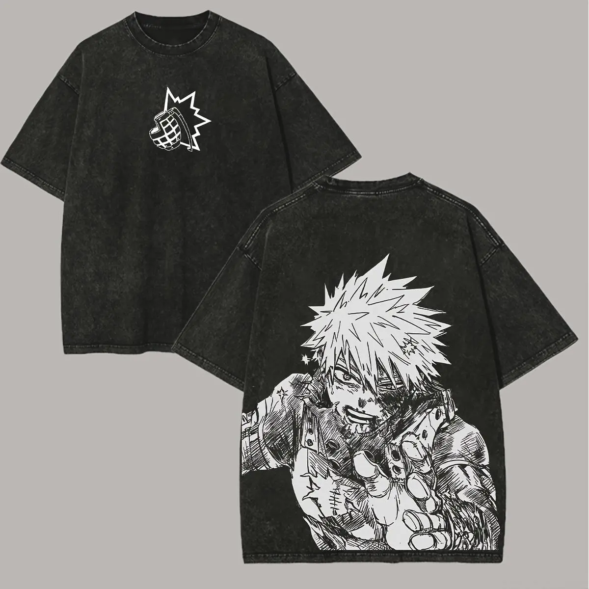 Men's My Hero Academia Bakugo T-Shirt - Vintage Distressed Graphic, Round Neck, Casual Streetwear Anime Aesthetic Festive Tshirt