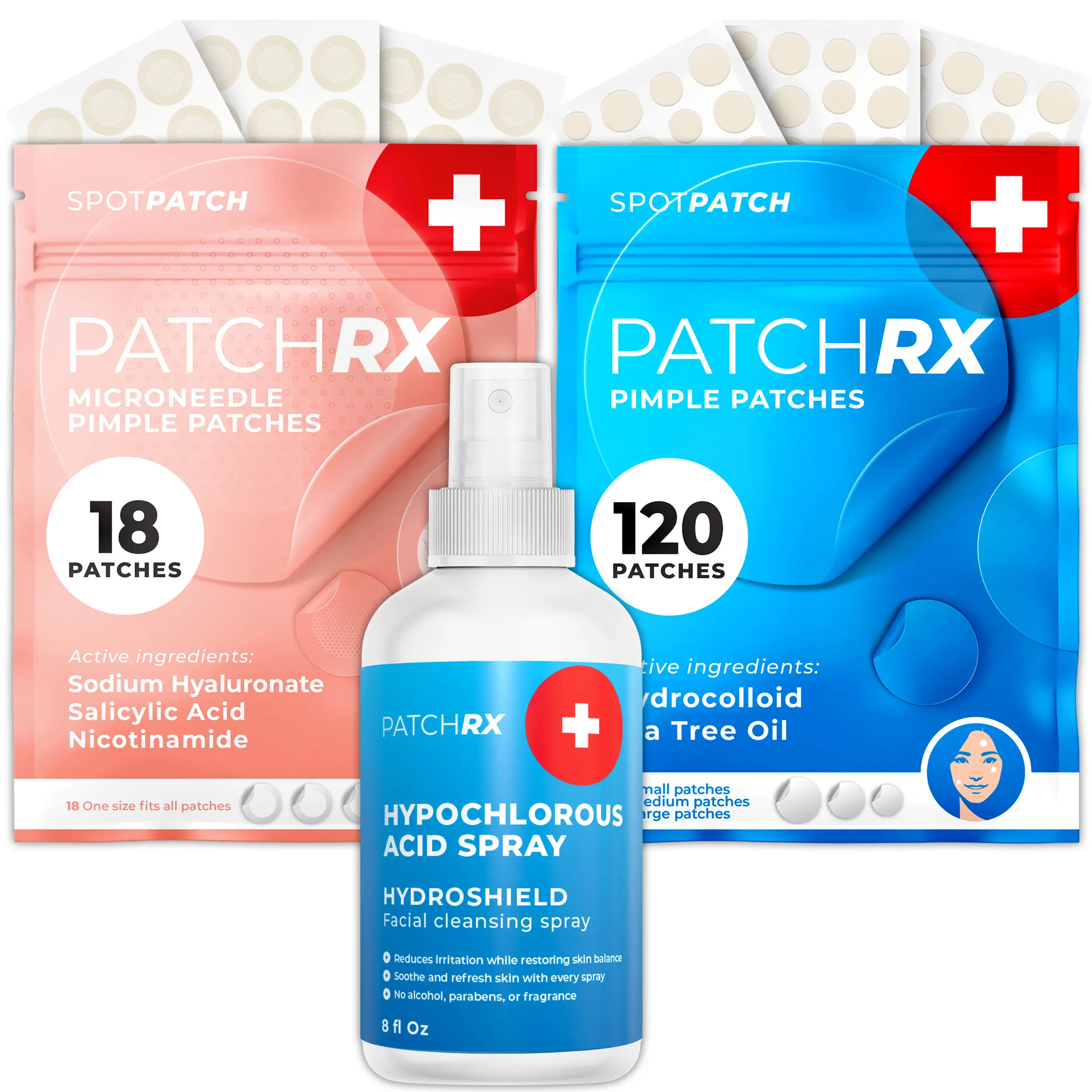 PatchRx Multi-stage Clear Skin Bundle - Microneedle Patches (18pk), Everyday Pimple Patches (120pk) & Hypochlorous Acid Spray (8oz) - Complete Acne Set