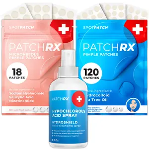 PatchRx Multi-stage Clear Skin Bundle - Microneedle Patches (18pk), Everyday Pimple Patches (120pk) & Hypochlorous Acid Spray (8oz) - Complete Acne Set