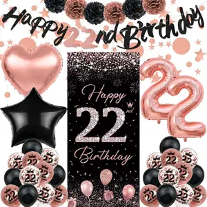 Rose Gold 22nd Birthday Decorations - Happy Birthday Banner, Backdrop, Balloons, Pompoms & Star Streamers