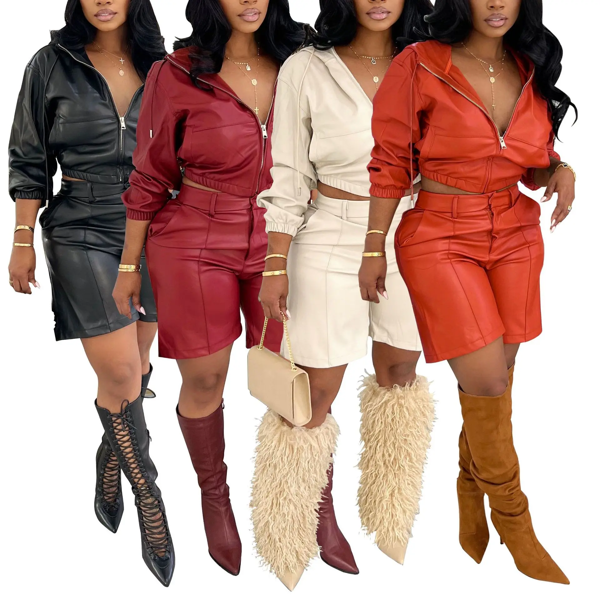 Women's Leather Jacket Set with Hood, Long Sleeve Coat and Shorts, Casual for Autumn and Winter