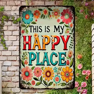 Vintage Metal Tin Sign "This is My Happy Place" - 8x12 Inch Rustic Floral Wall Decor with Distressed Edges, Colorful Flowers & Green Leaves, Perfect for Garden, Patio, or Home Decoration, High-Quality Finish, Ideal Gift, Garden Signage |