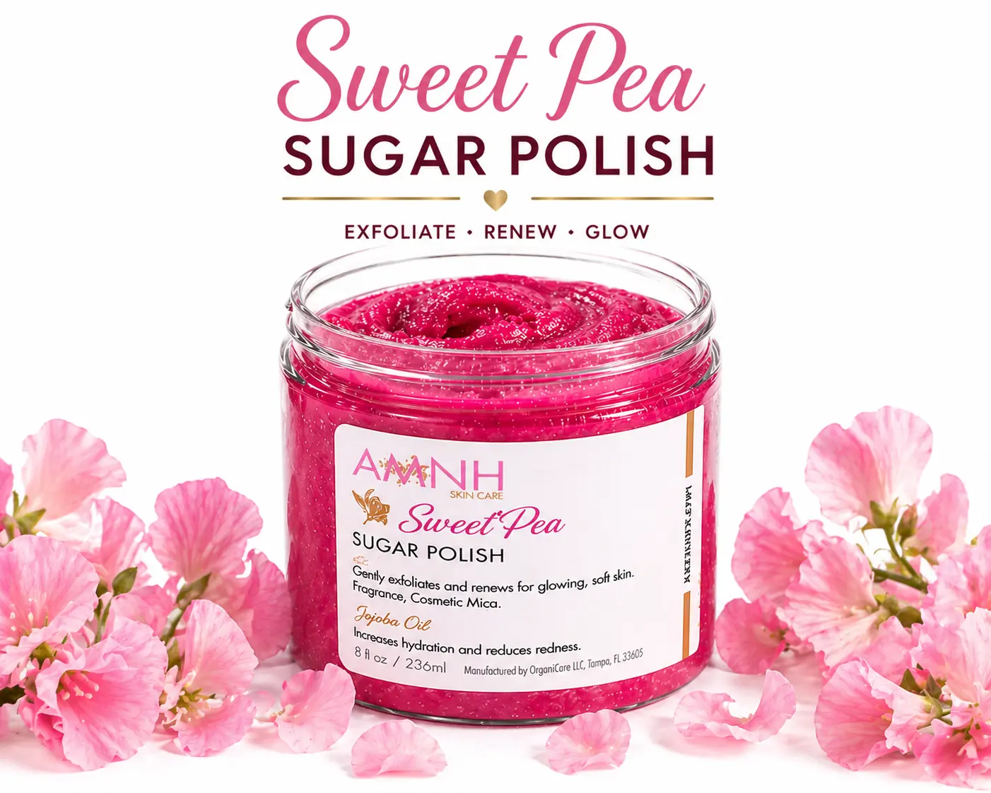 AMINNAH Sweet Pea Sugar Scrub, Exfoliating Body Care with Shea Butter & Coconut Oil for Smooth, Glowing Skin, 8 oz