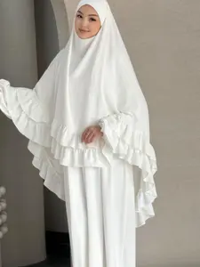 Women's Muslim Modest Prayer Robe Set, Pure Color Maxi Long Gown with Ruffled Headscarf + Abaya, Elegant Loose Fit for Daily Worship, Parties, Festivals