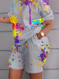 【Plus Size】 Two-Piece Set Summer Lounge Set All Over Print Short Sleeve Tee & Shorts Set, Casual Round Neck T-shirt & Shorts, Women's Summer Clothes for Daily Wear Clothing Sets