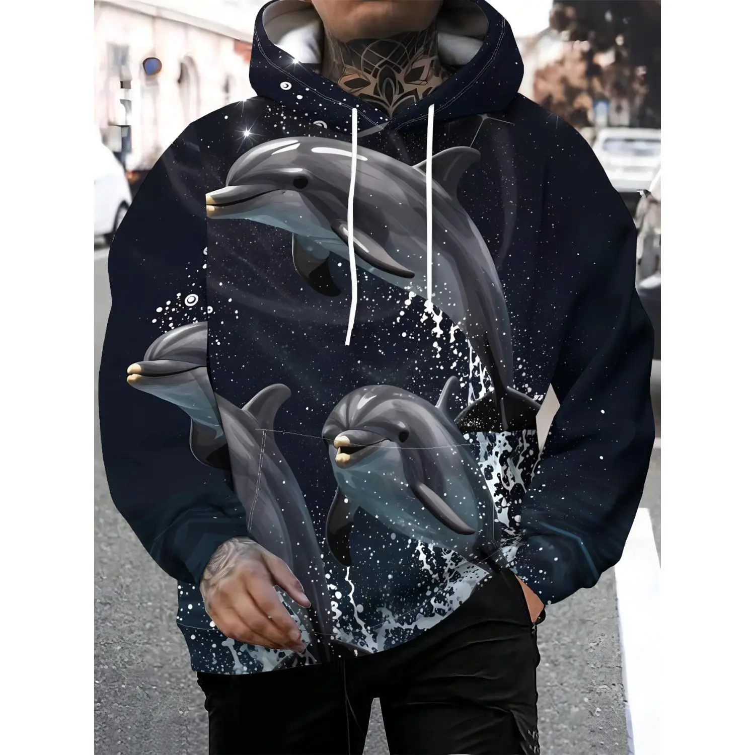 "Discover a New Era in Men's Streetwear - Nighttime Ocean Scene Hoodie with Leaping Dolphins, Splashing Waves, and a Starry Sky. Trendy Street-Style Pullover Featuring Artistic Full-Print Designs."