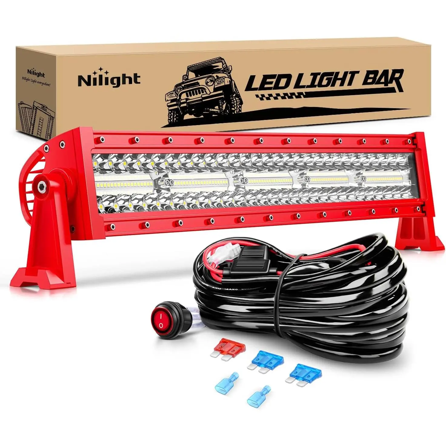 Nilight 22-Inch 480W Triple Row Spot-Flood Beam LED Light Bar, Red Shell, Included Wiring Harness & Mount Kit, Led Lights Car for Off-Road Vehicles Led Lit Cantilever Led Backlights