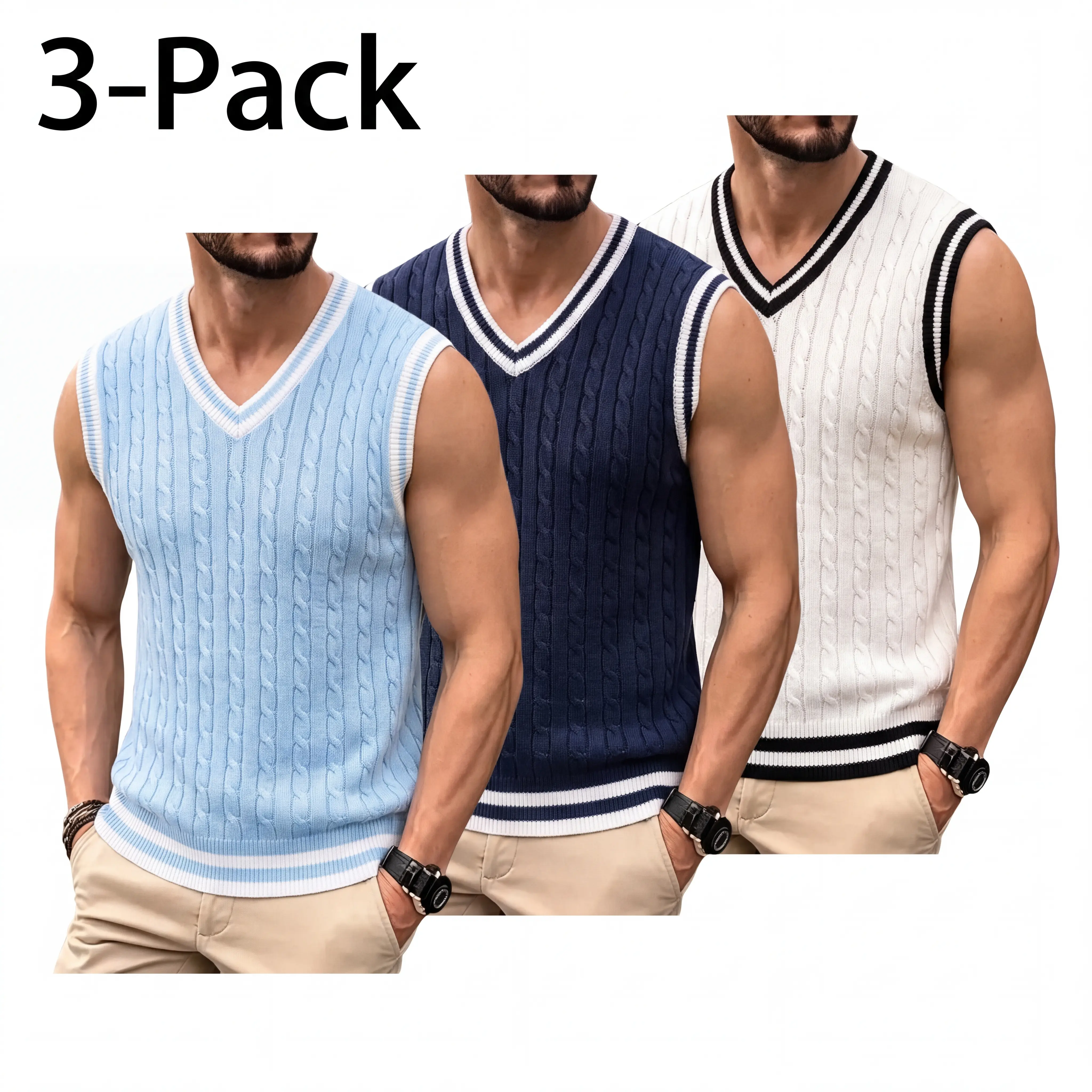 [3-Pack or Single] Men's Preppy V-Neck Cable Knit Sweater Vest. Old Money Aesthetic Sleeveless Pullover with Striped Trim. Smart Casual Fall Winter Layering Essential for Back to School, Office & Golf.
