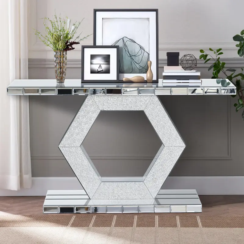 Mirror Console Table for Living Room 55" Modern Mirrored Entryway Table with Shiny Hexagon Base Luxury Glass Foyer Tables for Entryway Hallway (55"L x14.17"W * 31.5''H)