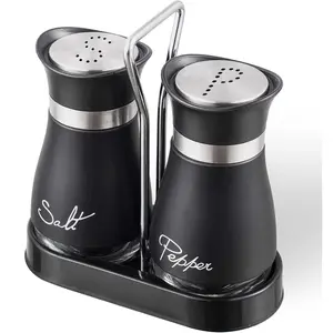 Stainless Steel Salt and Pepper Shakers Set with Holder, Refillable, Clear Glass Bottoms, Screw-Off Perforated "S" and "P" Caps for Kitchen Table Decor Set of 2 (Black) Bottle, Container, Organiser, Canister, Tin