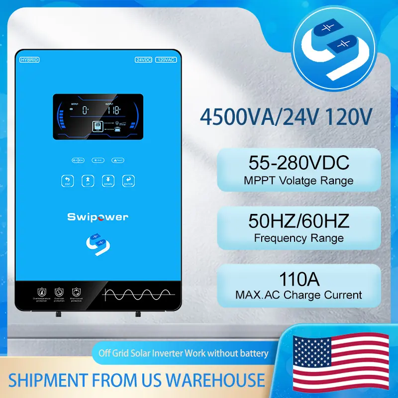 SWIPOWER 4500VA 50HZ/60HZ Solar Inverter Charger 24VDC to 120VAC Hybrid Inverter with 120A MPPT Technology LCD Display 4000W