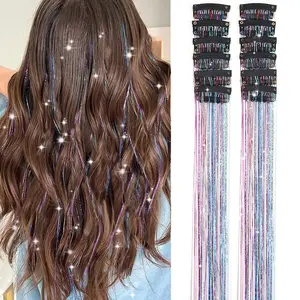 Pack of 12 Pcs Clip in Hair Tinsel 20 Inch Colorful Glitter Tinsel Hair Extensions Tinsel Fairy Hair Party Dazzle Hair Accessories Strands Kit for Women Girls Kids(12Pcs,Colorful#)
