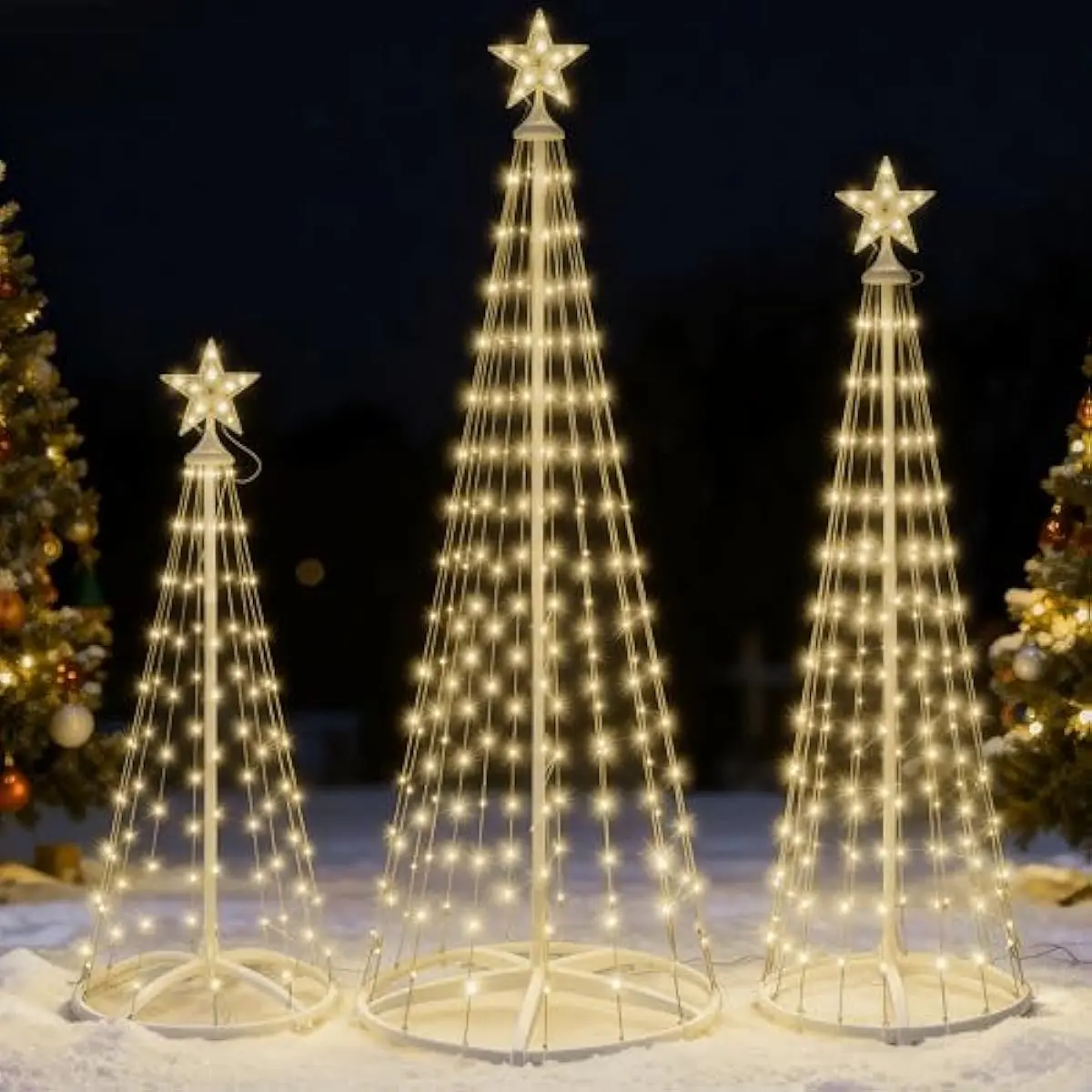 3 Pack LED Christmas Cone Tree Lights, 4FT 5FT 6FT Outdoor Lighted Tree with 8 Lighting Modes & Star Topper, Christmas Decorations for Yard Porch Patio Garden Holiday Decor, Warm White