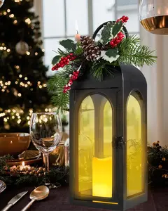 Christmas Decorative Lantern with LED Flameless Candle & Holiday Greenery,Black Metal Lantern with LED Candle Lit Decorations,Christmas Decor